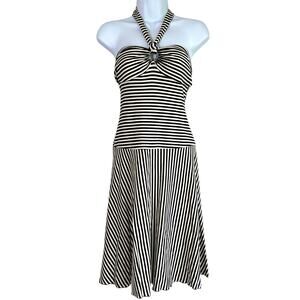 Trina Turk Womens Halter Striped‎ Drop Waist Dress Black Ivory Size 8 Vacation